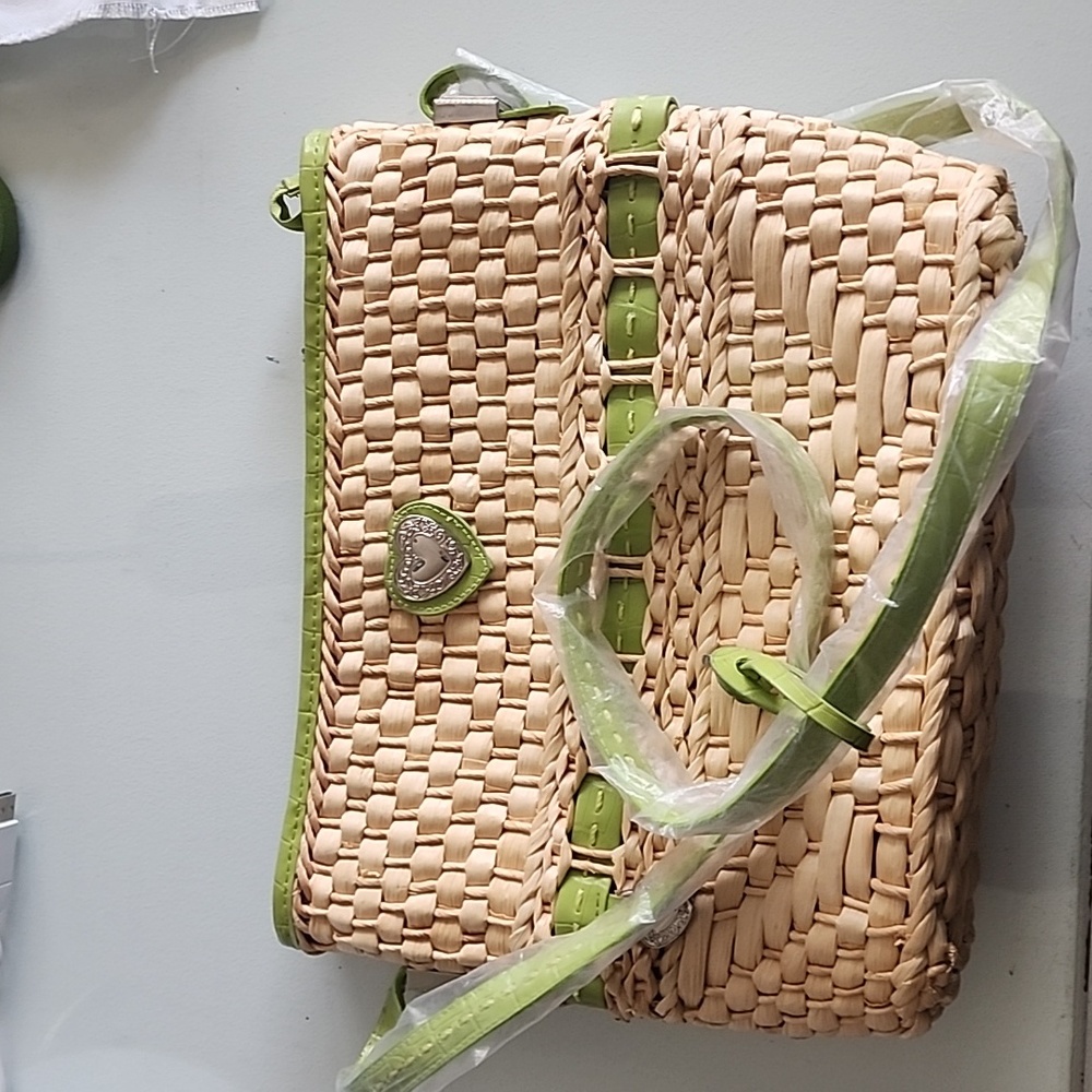 Brighton Braided Woven Wicker Straw Rattan Tote Purse 12” green Leather straps